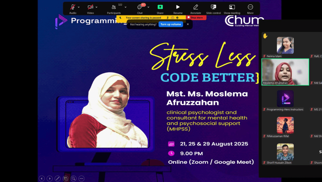 Chum Wellness facilitator leading a stress and focus workshop for the Programming Hero community